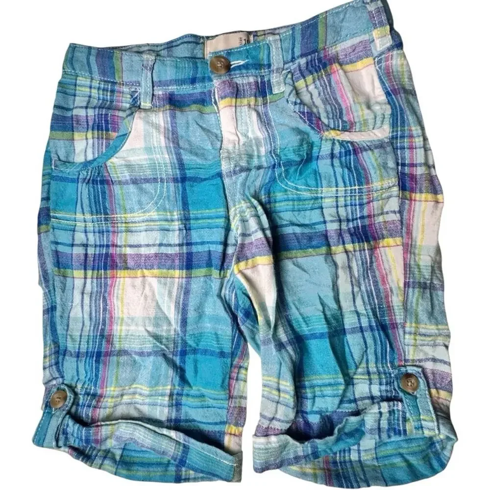 Old Navy  Girl's Blue and Green Plaid  Bermuda Style Shorts  Sz 10